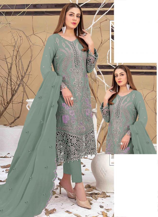 Faux Georgette Dusty Green Party Wear Multi Thread Work Pakistani Suit